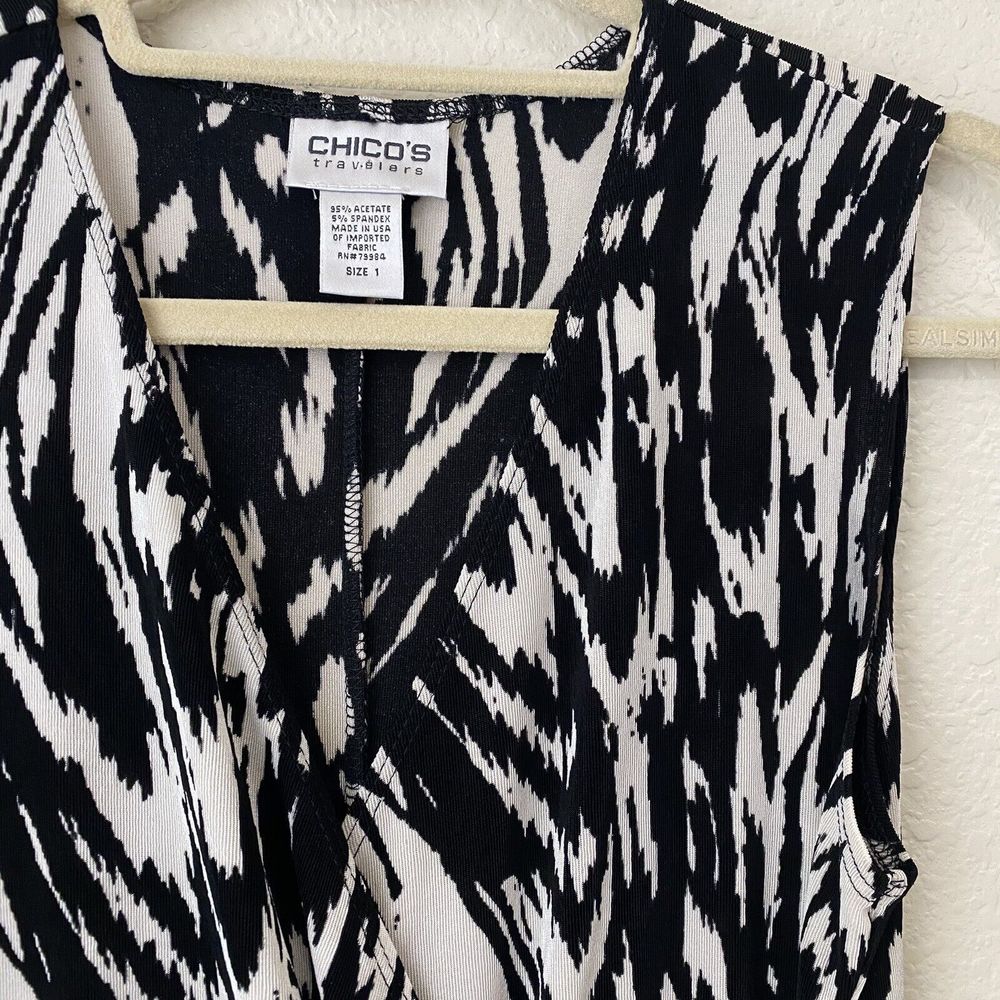 Chico's Dress Womens Size 1 Medium Travelers Faux Wrap Midi Black White - Picture 3 of 7